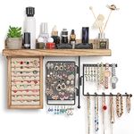 SOLIMINTR Hanging Jewelry Organizer Wall Mount with Rustic Wood Shelf, Ring Display Box, Ear Studs Earring Holder, Rotating Necklace Holder Organizer