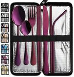 Portable Travel Utensils, Reusable Silverware with Case for Fixing Tableware, 9 Pieces Stainless Steel Stable Flatware Set, Camping Picnic Cutlery Set (Purple Set)