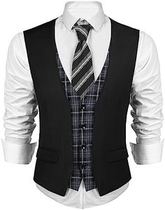 COOFANDY Men's Dress Suit layered Vest V Neck Plaid Patchwork Wedding Waistcoat