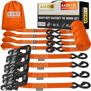 AUGO Heavy Duty Ratchet Straps & Soft Loops – Pack of 4 Extra Strong 1.5” by 15’ Ratchet Straps w/S-Hook Safety Latches & 4 Soft Loop Tie Downs – 4400Lb Break Strength for Motorcycles, ATVs, Etc.