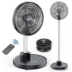 TriPole Standing Fan, 12000mAh Rechargeable Floor Fan 6 Speeds Foldable Pedestal Fan-6 Timer Settings, Remote Control, LED Display, 70°Oscillating Fan 200°Head Tilt, 20dB Silent Fan-10W-Black