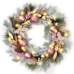 Decorbyhannah Christmas Wreath, 24 inch Christmas Wreaths for Front Door with Lights, Artificial Collapsible Reef Indoor Outdoor Decorations Pinecone Ornaments for Table Window (Pink & Gold)