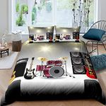 Drum Bedding Set Rock Music Theme Duvet Cover for Kids Boys Teens Electronic Musical Instrument Comforter Cover Guitar Drum Speaker Bedspread Cover Bedroom Collection 3Pcs Double