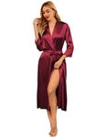 Ekouaer Satin Robe for Women Red Silk Kimono Bathrobe Long Lightweight Robes Bridesmaids Sleepwear with Pockets