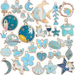 Street27® 1 Set 31pcs DIY Mixed Assorted Gold Plated Enamel Charm Unicorn Flower Dress Fish Shell Moon Star Animals Pendant DIY for Necklace Bracelet Jewelry Making and Crafting Charms (Blue)