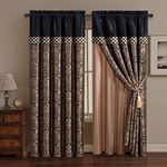 Chezmoi Collection Lisbon 4-Piece Jacquard Floral Window Curtain Set Sheer Backing Tassels Valance, Black/Gold