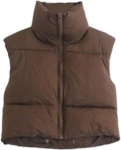 KEOMUD Women's Winter Crop Vest Lightweight Sleeveless Warm Outerwear Puffer Vest Padded Gilet Brown Medium