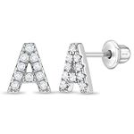 925 Sterling Silver Clear Cubic Zirconia Initial Alphabet Letter Screw Back Earrings for Young Girls and Teens - First Initial Earrings for Stylish Kids - Hypoallergenic and Safe for Sensitive Ears (A)