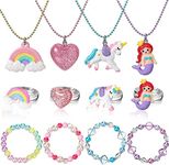 12 PCS Girls Necklaces Bracelets and Rings Set with Unicorn Mermaid Rainbow Heart Shell Star Pendants Girls Jewelry Set Party Favors Friendship Pretend Dress Up Play Jewelry (Cute Style)