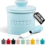 Zulay Kitchen Porcelain Butter Crock With Lid & Knife - Authentic French Butter Dish For Fresh & Spreadable Butter - Light Blue