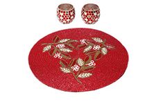 FliHaut® Handcrafted Beautiful Beaded Decorative Placemat for Dining Table (Red and Cream Flower)