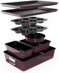 NutriChef 8-Piece Nonstick Stackable Bakeware Set - PFOA, PFOS, PTFE Free Baking Tray Set w/Non-Stick Coating, 450°F Oven Safe, Round Cake, Loaf, Muffin, Wide/Square Pans, Cookie Sheet (Plum)