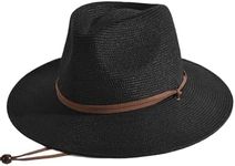 FURTALK Womens Summer Straw Sun Hats Wide Brim Panama Fedora Beach Hat with Wind Lanyard UPF 50+ Black