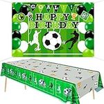 Soccer Happy Birthday Backdrop and Table Cover Set - 86''x 51'' Soccer Printed Disposable Plastic Tablecloths for Kids Soccer Themed Birthday Party Decorations (Cover+Backdrop)