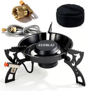 VOYBLAZ portable gas camping stove, 12000BTU, black carbon steel material, piezoelectric ignition, 39-inch hose, all-copper adapter, equipped with a storage bag