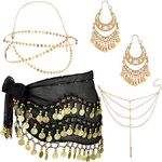 Sureio 4 Pcs Gypsy Costume Accessories Belly Dance Accessories Hip Scarf Wrap Belt Drop Earrings Hair Chain Tassel Bracelet (Black)