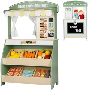 DREAM BUILDING Kids Grocery Store Pretend Play, Puppet Theater&Grocery Store Playset Toy Double-Sided, Toddler Supermarket Toy Cash Register w/Blackboard, Display Shelves, Gift for Boys Girls, Green