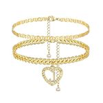 YANODA Initial Ankle Bracelets for Women, 14K Gold Plated Cuban Link Anklets Flat Mariner Link Anklets Handmade Layered Heart Ankle Bracelets Personalized Gifts for Women Teen Girls