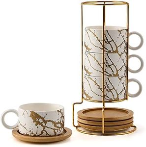 LUKA Porcelain Espresso Cup with Metal Stand, 6 Ounce Stackable Ceramic Demitasse Espresso Mugs Cappuccino Cups Set for Latte,Coffee,Cafe Mocha,Tea(Set of 4,White)