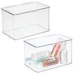 mDesign Stackable Bathroom Vanity Countertop Storage Cosmetic Organizer Box with Hinged Lid for Makeup, Beauty, Hair, Nail Supplies - 2 Pack - Clear