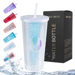 24oz Studded Tumbler with Lid & Straw,Glitter Reusable BPA Free Plastic Textured Water Bottle Drinking Cup,Double Wall Mug,Travel Friendly Water/Iced Coffee/Smoothie,Perfect for Home&Outdoor (White)