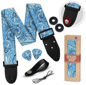 Art Tribute Guitar Strap for Bass, Electric & Acoustic Guitars. Light Blue Adjustable Cotton Strap W/FREE BONUS- 2 Picks + Strap Locks + Strap Button. Best Gift Set for Guitar Players Men & Women