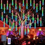 OPAHUTER Solar Meteor String Lights with Remote, 240 LEDs Falling Rain Lights, 30cm 10 Tubes Meteor Shower Rain Lights Waterproof Snowfall LED Lights for Party Wedding Garden Christmas Tree