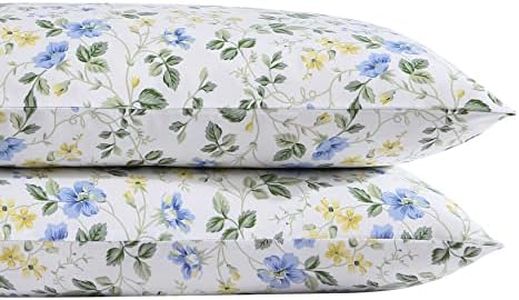 Laura Ashley Home - Standard Pillowcase Set, Cotton Sateen Bedding, Smooth & Wrinkle-Resistant (Meadow Floral Blue/Yellow, 2 Piece)