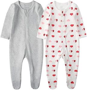 O2 BABY Baby Boys Girls Organic Cotton Zip Front Sleeper Pajamas, Footed Sleep 'n Play（6-12 Months, Heart & Grey Melange）