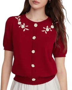 GOELIA Women's Short Sleeve Tops Summer Knit T Shirts Jacquard Casual Sweater Top 2026 Lyocell Blend Round Neck Ladies Tops and Blouses Casual Trendy Cute Shirts with Detachable Crocheted Flowers