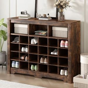 CuisinSmart Modern 24 Shoe Cubby Console,Freestanding Shoe Cabinet Storage,5 Tier Versatile Sideboard, Wooden Shoe Rack Organizer with Curved Base for Entryway Hallway Bedroom Living Room Brown