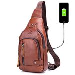 BULLCAPTAIN Genuine Leather Sling Backpack with USB Charging Port Multi-pocket Chest Bag Hiking Travel Daypack XB-129, Brown, Medium