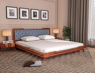 SABTA Craft Sheesham Wood Queen Size Bed for Bedroom | Wooden Double Bed Cot Bed with Dark Grey Upholstered Cushioned Headboard for Bedroom & Hotel Furniture | Rosewood, Honey Finish