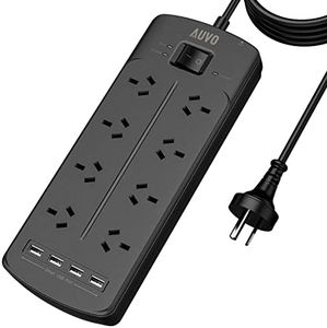 Auvo Power Strip with 8 AC Outlets and 4 USB Charging Ports, 2400W/10A, 525 Joules, 1.8M Long Extension Cord for Home, Office, Hotel, Black