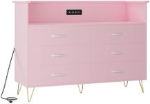 Dresser for Bedroom with 6 Drawers, Wide Wood Chest of Drawers with Charging Station & RGB LED Lights - Storage and Organization Dresser for Living Room, Closet, Hallway, MDF Cabinet, Pink