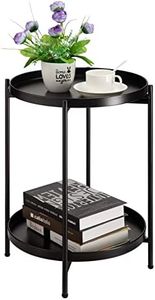 HollyHOME Mesa Auxiliar Redonda Mesa de Café & Té, Bandeja de Metal de 2 Niveles, Mesita de Noche Mesita de Sofá para Sala de Estar Dormitorio Balcón Patio, Negro
