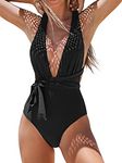 CUPSHE Women's One Piece Swimsuit Deep Plunge Crisscross Back Self Tie Swimwear Bathing Suit Swimming Costume Black M