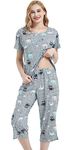 CHUNG Women Cotton Pajamas Set Short Sleeve Top Capri Pants Sleepwear Plus Size S-3XL (Small, Happy Owl)