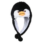 JK Home 2-in-1 Hat with Earflaps Scarf Set Cute Plush Animal Hat Cosplay Costume Headwear Warm Soft Cozy Hats for Kids Adults One Size Novelty Headgear Photo Props Black Penguin