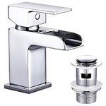 Funime Basin Taps Mixers with Pop-up Waste Slotted Waterfall Bathroom Sink Mixer Tap Square Modern Cloakroom Faucet Monobloc G1/2 Hoses Single Hole