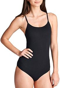 Hollywood Star Fashion Snap Crotch Thin Strap Leotard Bodysuit Camisole (Medium, Black)