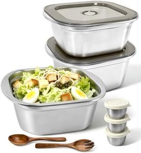 Durstyro 3 Pack 74 oz Stainless Steel Salad Bowl Kit, Salad Container | For Lunch with Leakproof Lids Wood Acacia Salad Servers & Salad Dressing cups for Meal Prep & Lunch To Go, Dishwasher Safe