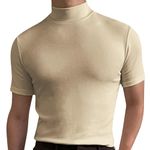 BUKKNYE Mens Turtleneck Casual Basic T Shirt High Neck Cotton Short Sleeve Slim Fit Summer Lightweight Solid Work Athletic T Shirt Big&Tall Beige