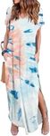 HUSKARY Women's Summer Maxi Dress Casual Loose Pockets Long Dress Short Sleeve Split Maxi Dresses, Tiedye04, Small