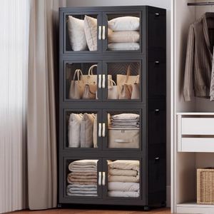 VNVTO Stackable Storage Bins with Lids, Clear Doors, 640QT Storage Bins Large Storage Cabinet Foldable Collapsible Closet Organizers for Bedroom Dorm Office (Black)