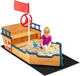 HONEY JOY Pirate Ship Kids Sandbox, Wooden Bottomless Sand Boat with Liner, Sand Pit w/Realistic Flag & Steering Wheel, Storage Bench Seat w/Backrest, Outdoor Sand Boxes for Kids Backyard