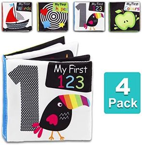Baby First Soft Activity Cloth Book Set (4PK), High Contrast Black and White Interactive Crinkle Soft Book Bundle for Infant, Early Education for Brain Development with Numbers, Words, Shapes, Colors
