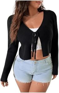 Floerns Women's Tie Front Long Sleeve Rib Knit Shrug Sweaters Cardigan Crop Top Black M