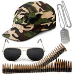 4pc Army Fancy Dress Accessories Set - Army Costume Accessories with Army Hat Bullet Belt Aviator Sunglasses and Dog Tags Army Accessories - Halloween Army Cap for Stag Do Outfit or Adult Fancy Dress