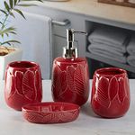 Kookee Ceramic Bathroom Accessories Set of 4, Modern Bath Set with Liquid handwash Soap Dispenser and Toothbrush Holder, Luxury Gift Accessory for Home, Red (9886)